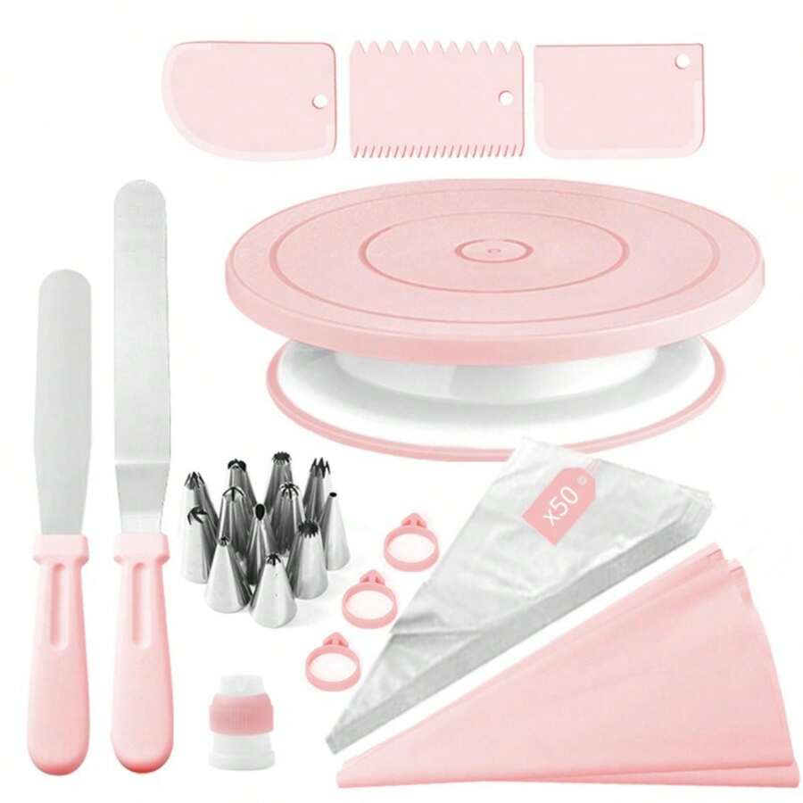 Kitchen Gadgets Green - 74-częściowy różowo-zielony obrotowy stojak na ciasto,
