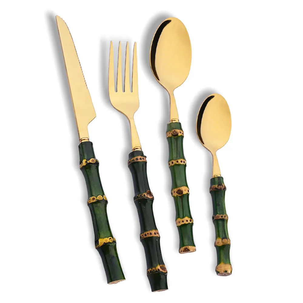 Kitchen Gadgets Green - 4-częściowy zestaw sztućców z naturalnym bambusowym